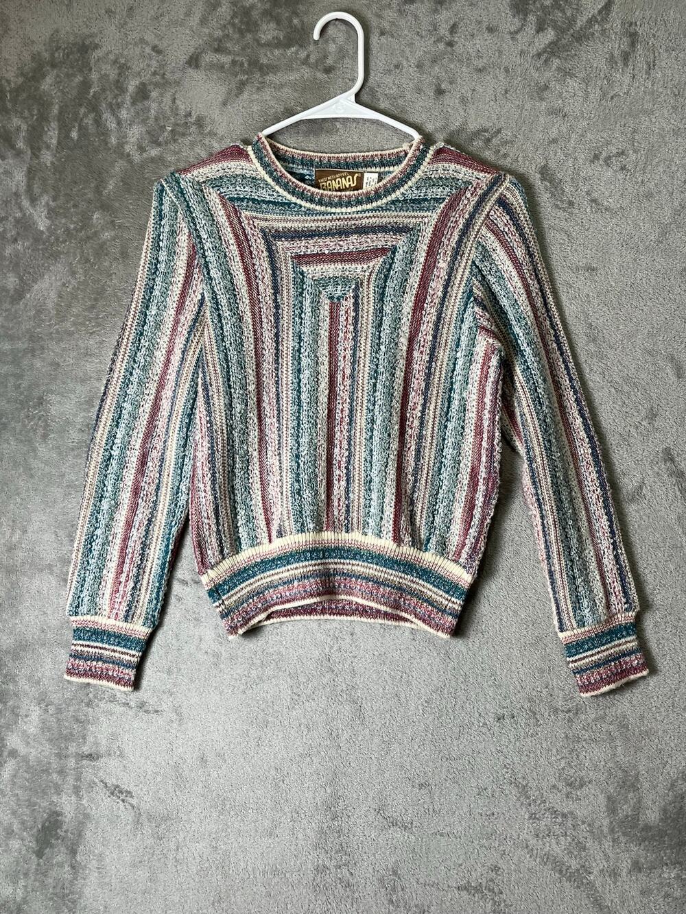 Vintage Multicolor Striped Knit Sweater 70s Boho Retro Folk Hippie Small 80s